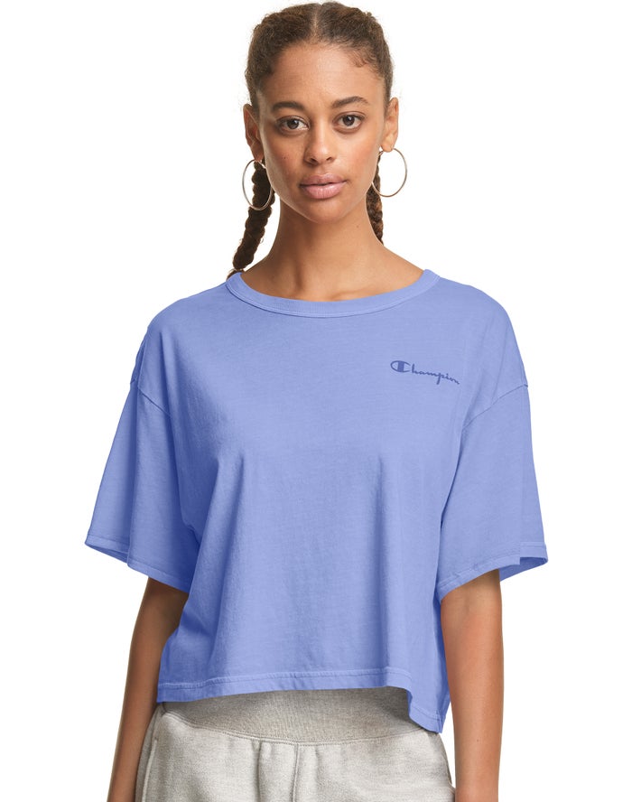 Champion Womens T-Shirt NZ - Lightweight Cropped Blue ( 0472-BXOSU )